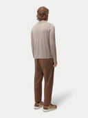 Men's Taupe Cashmere Silk Polo-Neck Cardigan worn by model, back view on white background
