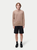 A male model wearing a beige long-sleeved crewneck cashmere sweater.#color_taupe-brown