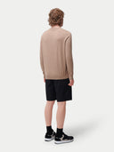A male model wearing a beige long-sleeved crewneck cashmere sweater.#color_taupe-brown