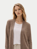Women's Ajour Knit Open-Front Cashmere Cardigan Taupe  worn by model, detail view on white background