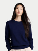 Women Mood Indigo C-Neck  Cashmere Sweater worn by model, detail view on white background
