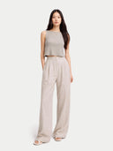 Women's Cashmere Crop Top Dawn Blue worn by model, front view on white backround