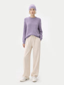 € 99 Cashmere Hat & Sweater Set Purple worn by model, front view on white background