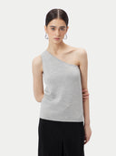 Gray one-shoulder tank cashmere top with a brand label on a white background #color_urban-gray