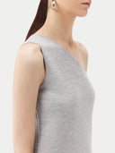 Gray one-shoulder tank cashmere top with a brand label on a white background #color_urban-gray