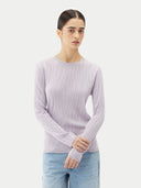 A light lavender ribbed knit long-sleeve top with a crew neck, displayed flat against a light gray background. #color_pale-orchid