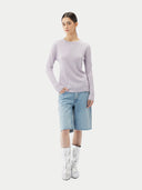 A light lavender ribbed knit long-sleeve top with a crew neck, displayed flat against a light gray background. #color_pale-orchid