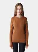Women's Chipmunk Cashmere Crew Neck Sweater worn by model, detail view on white background.