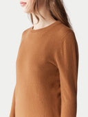 Women's Chipmunk Cashmere Crew Neck Sweater worn by model, detail view on white background.