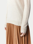 Women's Birch White Cashmere Crewneck Sweater worn by model, detail view on white background
