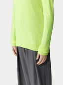Women's Sunny Lime Cashmere Crewneck Sweater worn by model, detail view on white background 