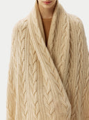 Cashmere Blanket Taupe  worn by model, detail view on white background