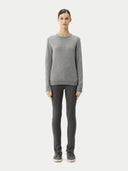Women's Grey Cashmere Essential Crew Neck Sweater worn by model, front view on white background