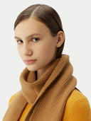 Unisex Cashmere Fishermen Knit Scarf Almond worn by model, detail view on white background