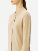 Women's Beige Cashmere Crewneck Cardigan  worn by model, detail view on white background
