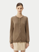 Women's Taupe Cashmere Crewneck Cardigan worn by model, detail view on white background