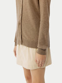 Women's Taupe Cashmere Crewneck Cardigan worn by model, detail view on white background
