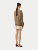 Women's Taupe Cashmere Crewneck Cardigan worn by model, back view on white background