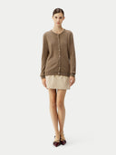 Women's Taupe Cashmere Crewneck Cardigan worn by model, front view on white background
