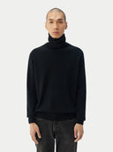 Men's Black Turtleneck Cashmere Sweater detail view on white background