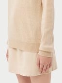 Women's Beige Cashmere Basic Crew Neck Sweater worn by model, detail view on white background
