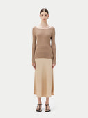 Women's Ribbed Cotton Silk Cashmere Blend Sweater Timber Wolf worn by model, front view on white background