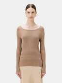 Women's Ribbed Cotton Silk Cashmere Blend Sweater Timber Wolf worn by model, detail view on white background