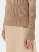 Women's Ribbed Cotton Silk Cashmere Blend Sweater Timber Wolf worn by model, detail view on white background