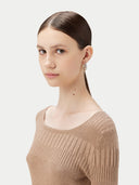 Women's Ribbed Cotton Silk Cashmere Blend Sweater Timber Wolf worn by model, detail view on white background