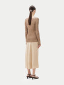 Women's Ribbed Cotton Silk Cashmere Blend Sweater Timber Wolf worn by model, back view on white background