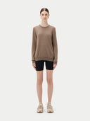 Women's Taupe Crewneck Cashmere Sweater worn by model, front view on white background