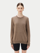 Women's Taupe Crewneck Cashmere Sweater worn by model, detail view on white background