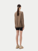 Women's Taupe Crewneck Cashmere Sweater worn by model, back view on white background