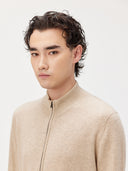 Men's Warm Grey Cashmere Full Zip Cardigan worn by model, detail view on white background