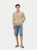 Men's Warm Grey Cashmere Full Zip Cardigan worn by model, front view on white background