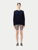 Women's Navy Cashmere Crewneck Sweater worn by model, front view on white background