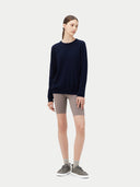 Women's Navy Cashmere Crewneck Sweater worn by model, front view on white background