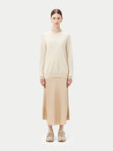Women's White Cashmere Basic Crew Neck Sweater  worn by model, front view on white background
