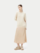 Women's White Cashmere Basic Crew Neck Sweater  worn by model, front view on white background

