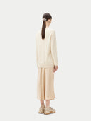 Women's White Cashmere Basic Crew Neck Sweater  worn by model, back view on white background

