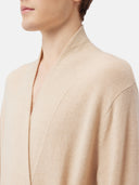 Organic Colour Men's Cashmere Robe Beige worn by model, detail view on white background
