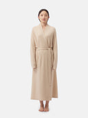 Women's Organic Colour Long Cashmere Robe Beige worn by model, front view on white background
