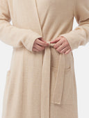 Women's Organic Colour Long Cashmere Robe Beige  worn by model, detail view on white background
