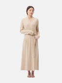 Women's Organic Colour Long Cashmere Robe Beige  worn by model, front view on white background
