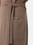 Men's Cashmere Robe Taupe worn by model, detail view on white background