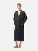 Men's Cashmere Robe Charcoal  worn by model, front view on white background

