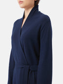 Women's Cashmere Long Robe Navy  worn by model, detail view on white background

