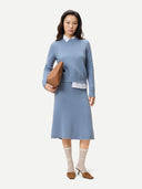 Women's Cropped Crewneck Cashmere Sweater Dusty Blue worn by model, front view on white background