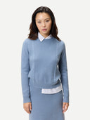 Women's Cropped Crewneck Cashmere Sweater Dusty Blue worn by model, detail view on white background