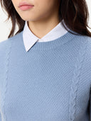 Women's Cropped Crewneck Cashmere Sweater Dusty Blue worn by model, detail view on white background